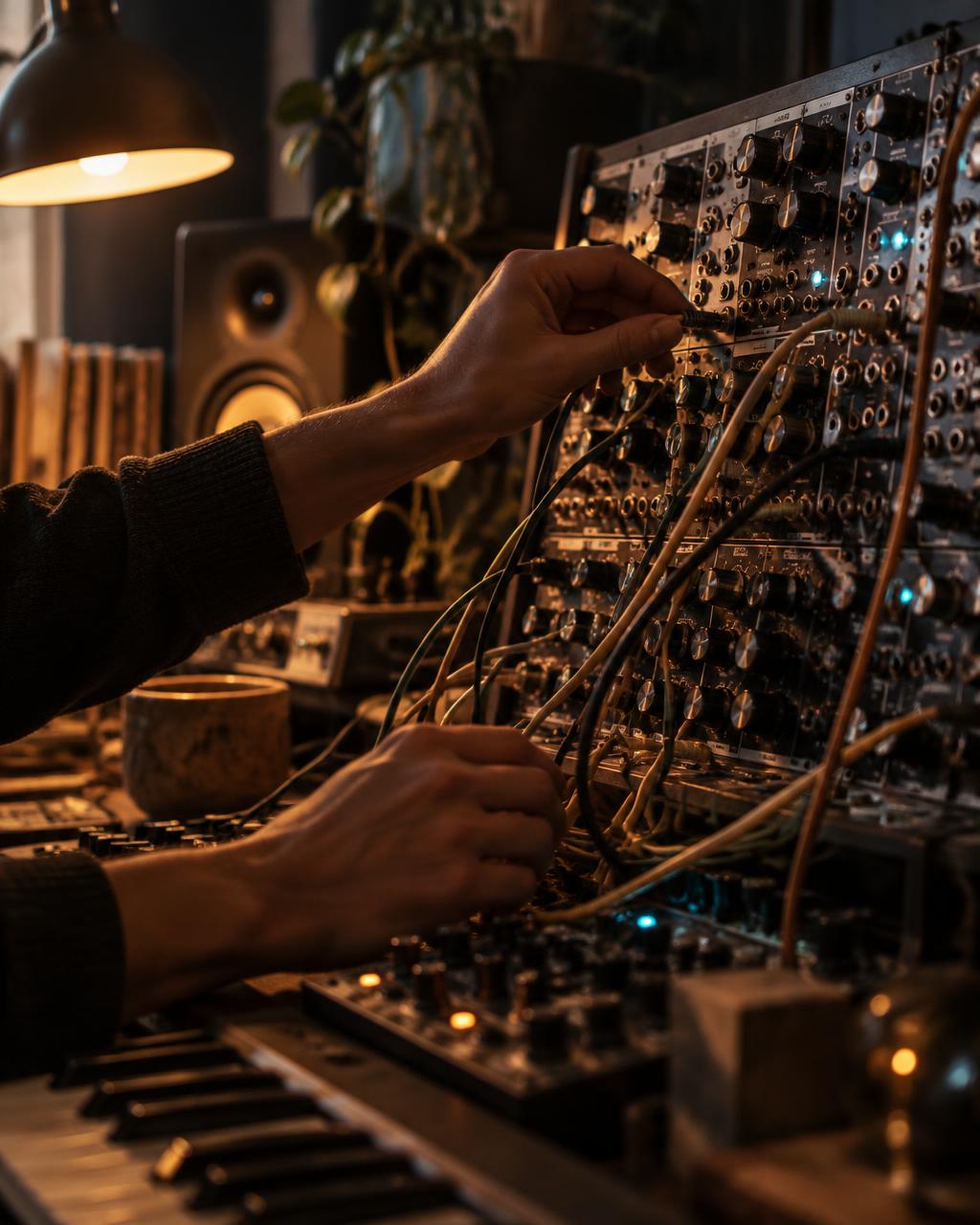 Hands connecting sound modules in a warmly lit studio